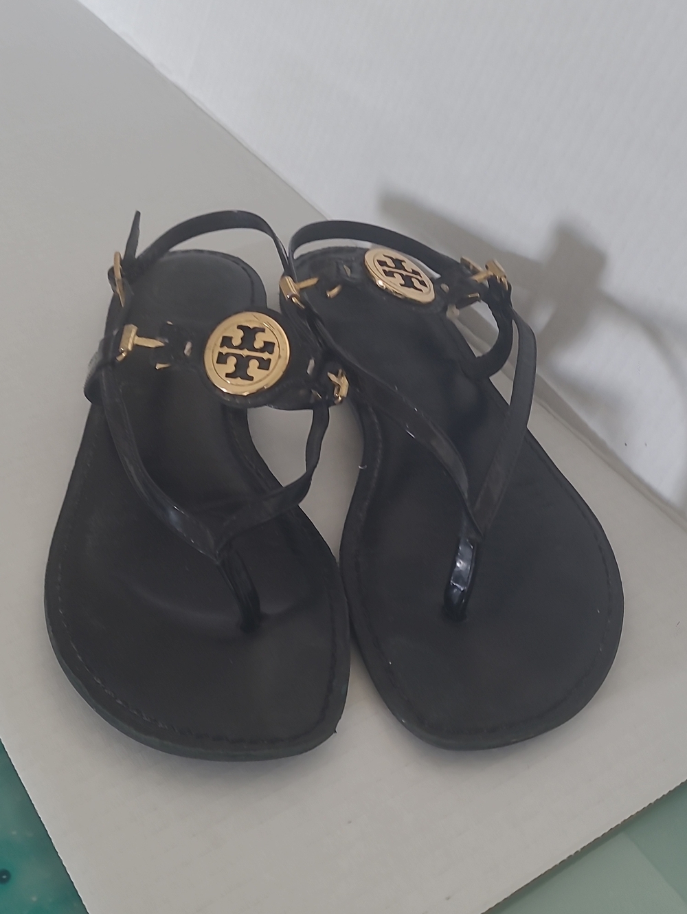 Tory Burch Black Leather Thong Sandals with Gold Logo